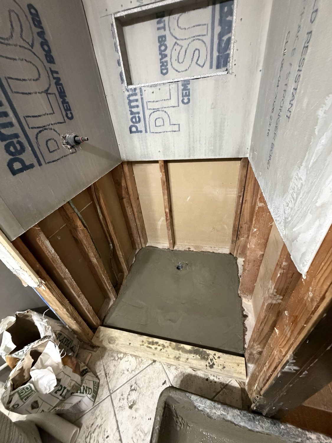 Custom shower pan preparation in progress